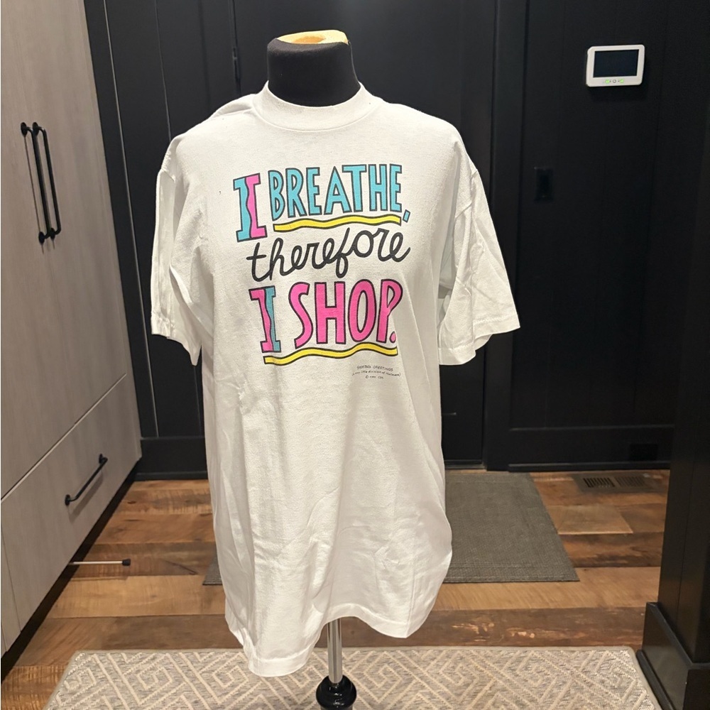 Vintage 90s I Breathe Therefore I Shop Graphic Tee USA Made XL